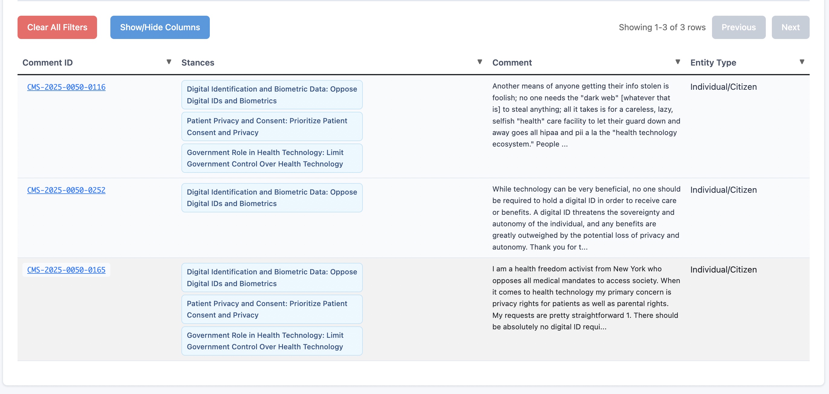 Comment Analyzer UI showing stance analysis and classification